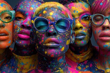 Five individuals showcase their artistic expressions with colorful face paint in a creative gathering. Each face exhibits a different design, emphasizing bold colors and playful patterns.