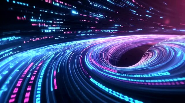 Glowing blue and pink digital data swirls into a vortex, symbolizing information flow, cyberspace, and futuristic technology - Powered by Adobe