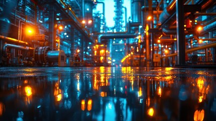 Fototapeta premium Industrial complex at night, reflected in puddles