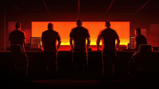Mysterious silhouette team in strategic command center during a crisis with high alert red light and city buildings in the background