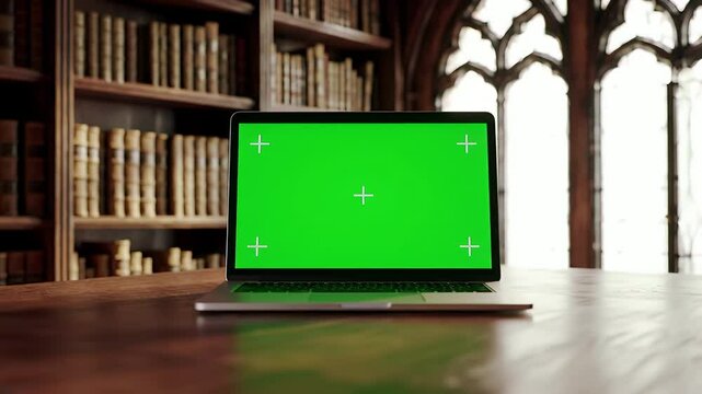 Laptop with Green Screen in Library Setting