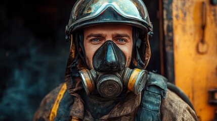 Close-up of a firefighter in protective gear.