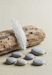 Vertical shot of white feather, weathered driftwood, and smooth grey pebbles on light beige sand