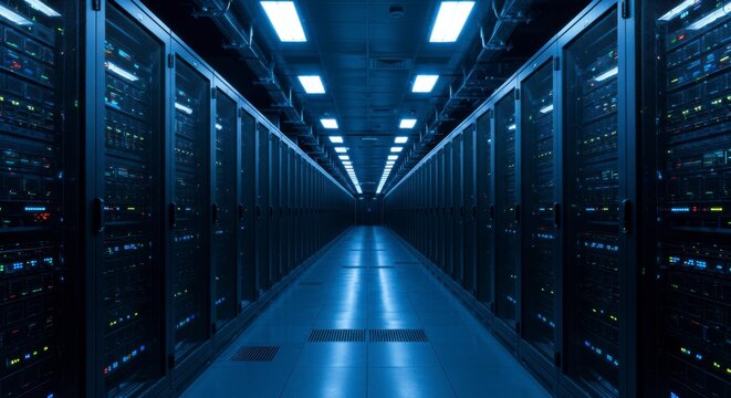Server room hallway lit by blue lights