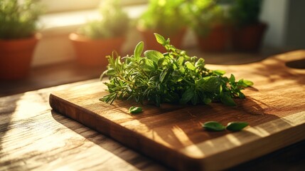 Freshly Harvested Herbs on a Wooden Cutting Board in Natural Sunlight