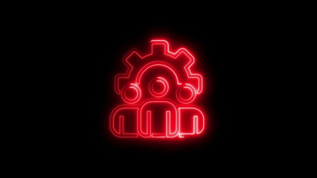 Neon red teamwork and settings icon animated against black background
