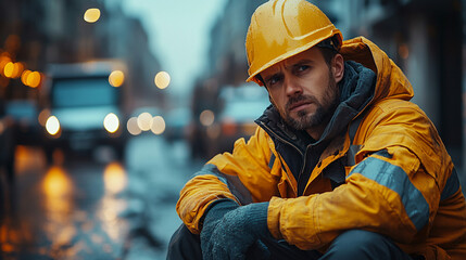 Construction worker resting on city street at night