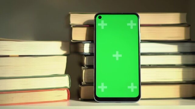 Smartphone with Green Screen Between Stack of Books