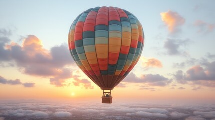Fototapeta premium Colorful hot air balloon soars above clouds at sunrise