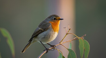 Fototapeta premium Robin Bird Perched on Branch with Green Leaves in Natural Setting