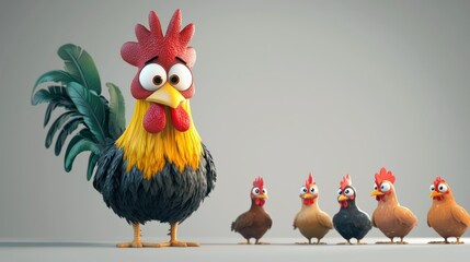 Fototapeta premium Cartoon rooster looking at small chicks on a plain background. Possible use children's book cover or greeting card