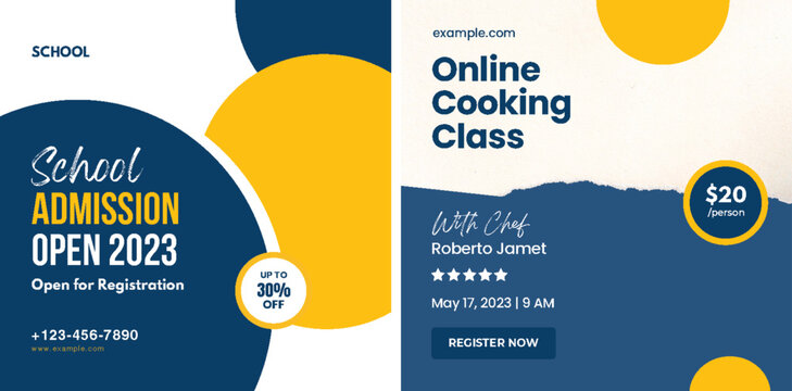 Dual Banner Featuring School Admission and Online Cooking Class Promotions