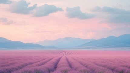 Naklejka premium Serene Lavender Field at Sunset with Mountain View