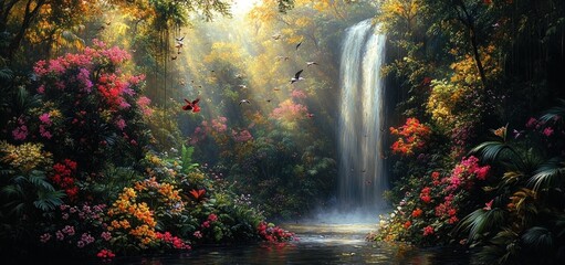 Obraz premium Serene Waterfall Paradise: A Lush Tropical Oasis