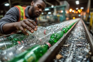 Worker Sorting Recyclable Bottles on Conveyor Belt for Sustainable Waste Management and Recycli