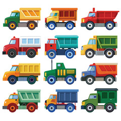 Nine  classic Dump Truck arranged on a white background.