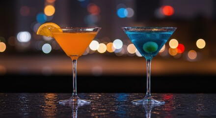 Colorful orange and blue martini cocktails on a wet bar counter with night city bokeh lights.