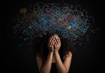 A person covering their face with hands under a colorful scribble art on a black background.