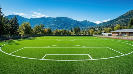 Obraz premium Lush green soccer field, majestic mountains backdrop