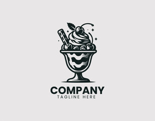 Ice Cream Sundae in Glass Whipped Cream Chocolate Sauce Cherry Vector Logo Design, Sundae in Glass Whipped Cream Chocolate Cherry Logo Vector
