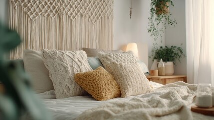 Fototapeta premium a cozy bedroom with knitted pillows and macrame wall decor.