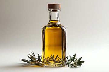 Clear bottle olive oil branch leaves high resolution picture