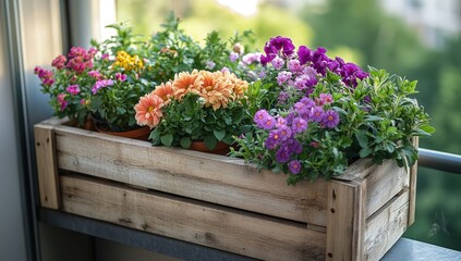 Wooden planter box overflowing with vibrant flowers