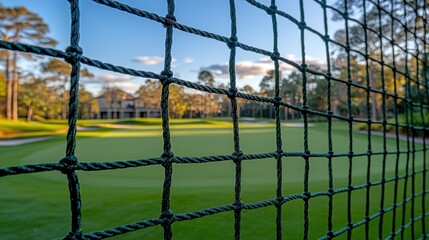 Mesh over a golf course with green grass and trees