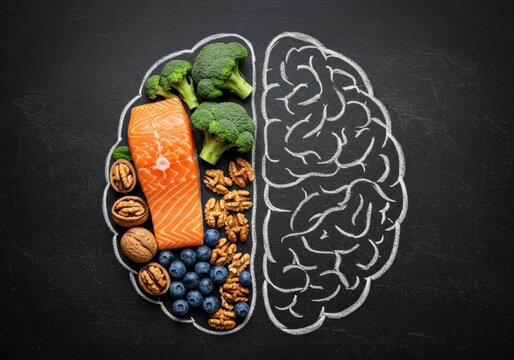 A creative illustration of a brain with healthy food components on a dark background.