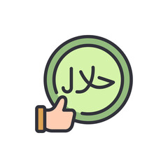 Halal product approval with thumb up signal, islamic dietary compliance