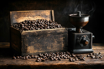 Dark Brown Coffee Beans in Rustic Wooden Box with Vintage Grinder