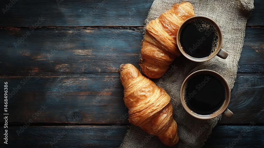 Poster croissants and coffee on wooden table viewed from above with space for text