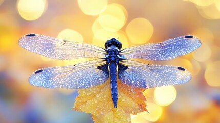 A close-up of a dragonfly resting on a vibrant autumn leaf, with a soft bokeh background of golden hues