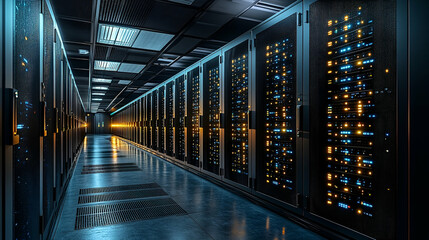Dark Server Room with Glowing Blue Lights and Reflective Floor