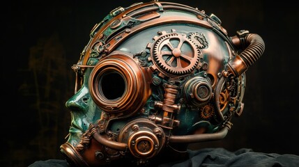 Fototapeta premium Intricate Steampunk Headgear with Gears and Pipes in a Dark Vintage Setting