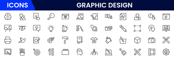 Graphic design web icons set in duotone outline stroke design. Pack pictograms with color palette, content, freelance, print, painting, brainstorm, portfolio, creative idea, tool. Vector illustration.