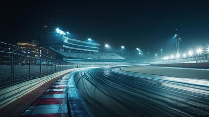 Obraz premium A tranquil view of an empty F1 track illuminated by bright floodlights at night, showcasing sleek architecture and the dynamic atmosphere of motorsport.