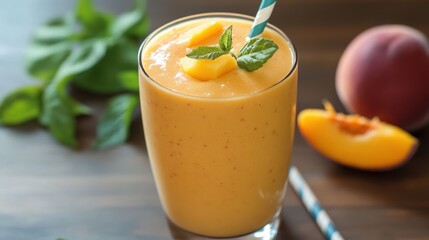 Refreshing peach smoothie in a glass with fruit slices and mint garnish