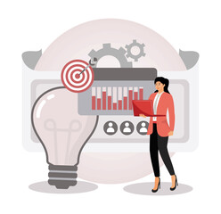 Project initiation concept. Businesswoman Analyzing Data with Graphs, Light bulb, and Productivity.