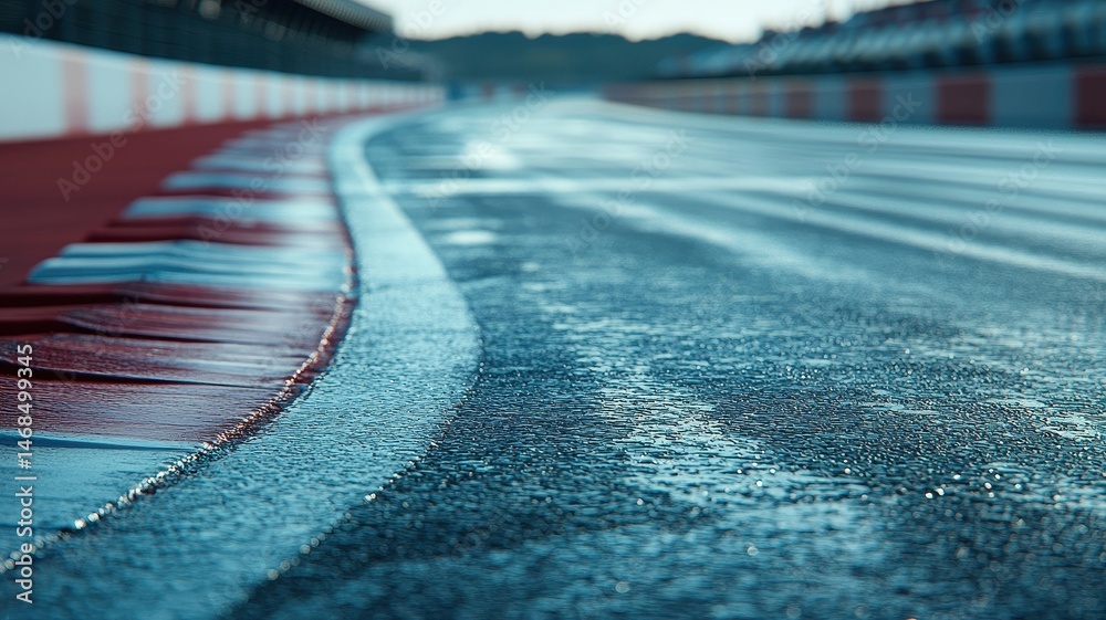 Wall mural a close-up view of an empty f1 track, showcasing a wet asphalt surface that reflects light, creating