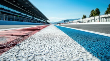 Obraz premium This close-up shot captures an empty F1 track, showcasing bold color lines against the asphalt and inviting a sense of speed and excitement in a clear sky.