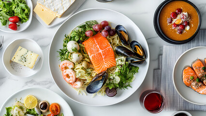 Luxury Seafood and Cheese Platter with Salmon Pasta and Gourmet Sides on White Marble Table

