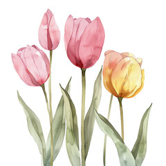 Fototapeta premium Soft pink and yellow tulip flowers with green leaves in delicate watercolor style, evoking calm and natural springtime feeling
