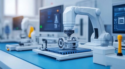 Modern robotic arm precision assembly in a technological workspace.