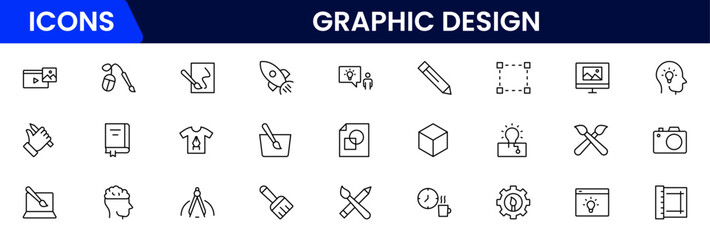 Graphic design web icons set in duotone outline stroke design. Pack pictograms with color palette, content, freelance, print, painting, brainstorm, portfolio, creative idea, tool. Vector illustration.