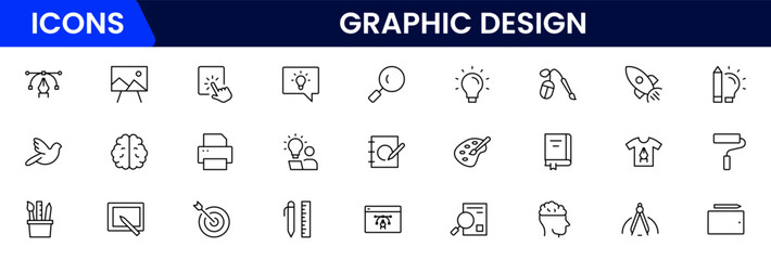 Graphic design web icons set in duotone outline stroke design. Pack pictograms with color palette, content, freelance, print, painting, brainstorm, portfolio, creative idea, tool. Vector illustration.