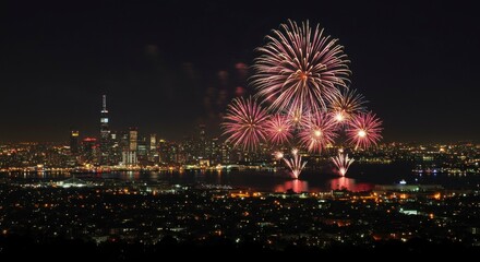 Fireworks over a city skyline at night.  A spectacular display of pyrotechnics above a bustling metropolis