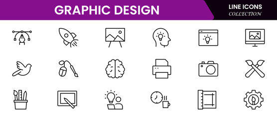 Graphic design web icons set in duotone outline stroke design. Pack pictograms with color palette, content, freelance, print, painting, brainstorm, portfolio, creative idea, tool. Vector illustration.