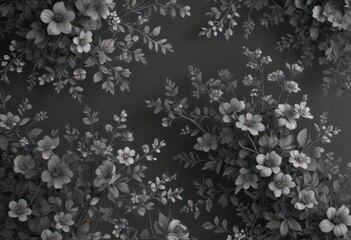 Intricate charcoal grey floral wallpaper; tiny blossoms and leaves create a dense, elegant pattern ,  surface,  tiny flowers