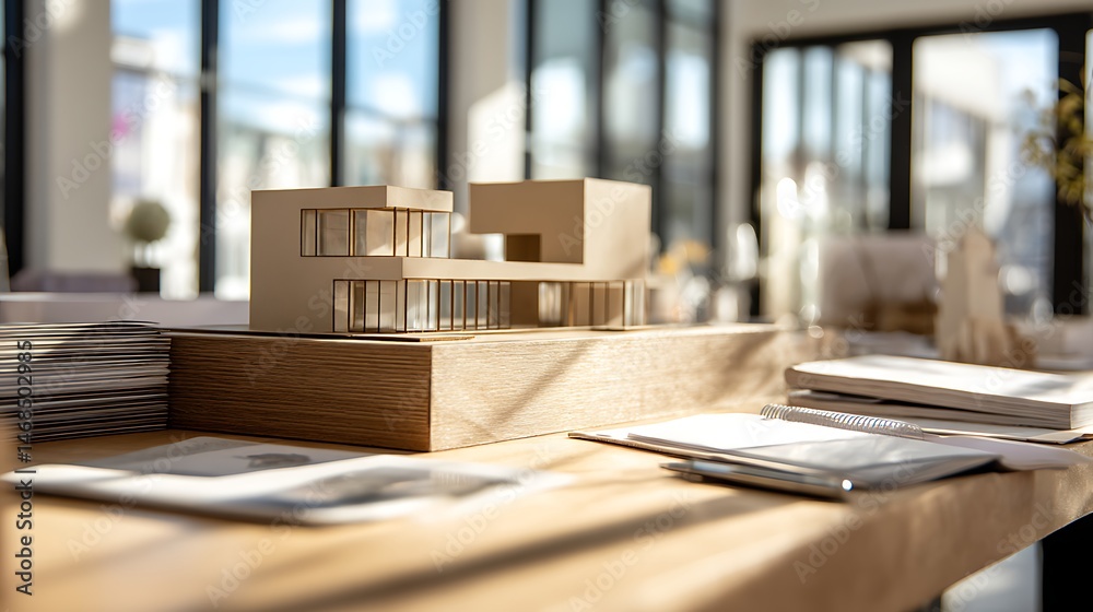 Poster detailed close, up of architectural designs and a scale model representing a contemporary building p